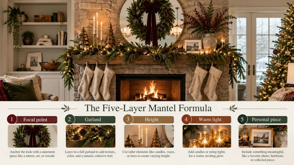 Five-layer Christmas mantel decorating formula showing a festive fireplace with a focal point, evergreen garland, varying decor heights, warm lights, and a personal piece