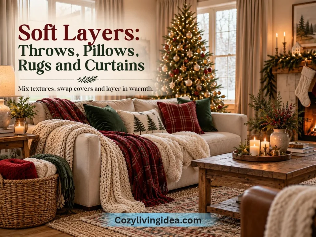 Cozy Christmas living room with a cream sofa, layered knit and plaid throws, festive pillows, textured rugs and floor-length curtains