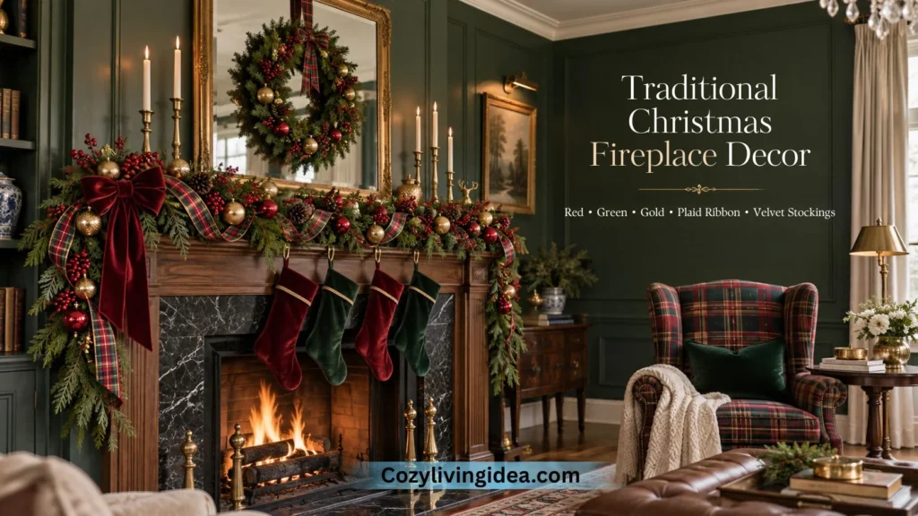 Traditional Christmas fireplace decor with a dark wood mantel, red and gold garland, plaid ribbon, velvet stockings, brass candlesticks, and a wreath
