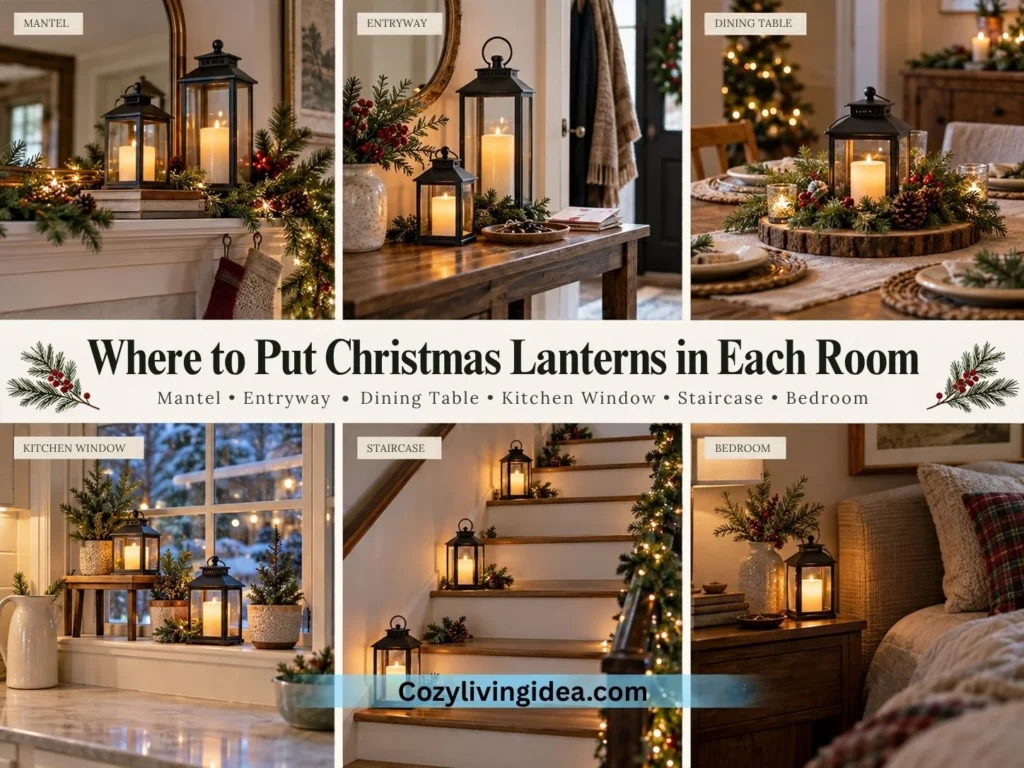 Christmas lantern placement guide showing festive lanterns on a mantel, entryway console, dining table, kitchen windowsill, staircase, and bedroom nightstand
