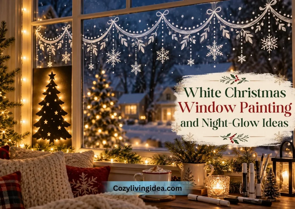 White Christmas window painting with delicate snowflake garlands, scalloped designs, and a backlit Christmas tree silhouette glowing with warm lights.