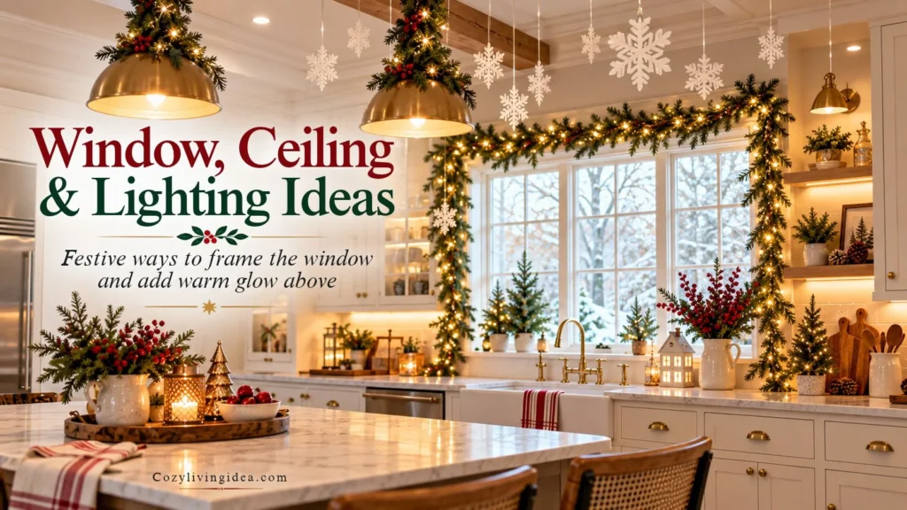 Christmas kitchen window framed with garland and warm lights, with hanging snowflakes and decorated pendant lights