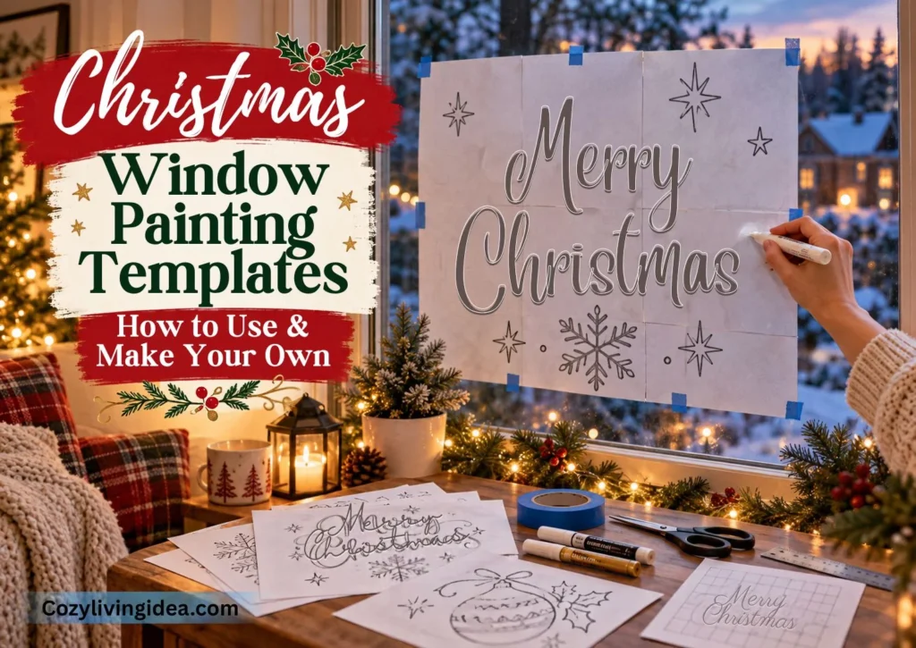 Hand tracing a Merry Christmas window painting template taped to glass, with printable designs, chalk markers, and painting supplies nearby.