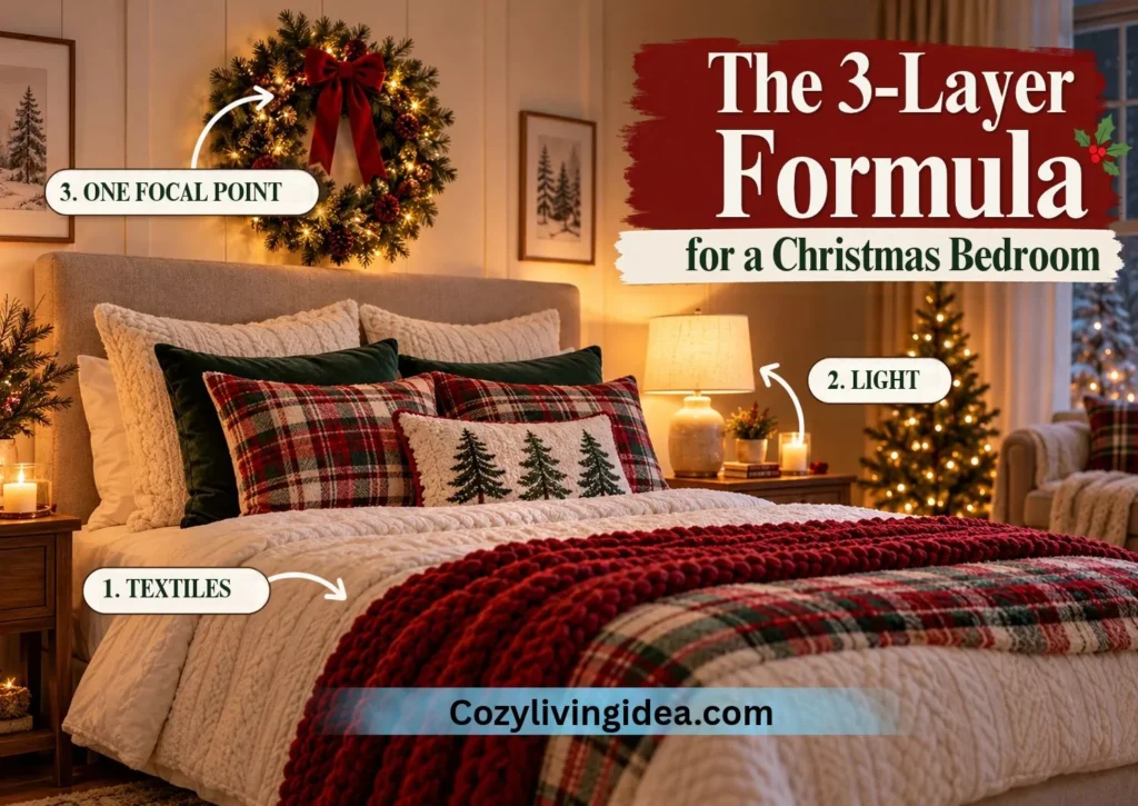 Cozy Christmas bedroom with layered plaid pillows, a chunky red throw, warm lighting, and a festive wreath illustrating the three-layer decorating formula