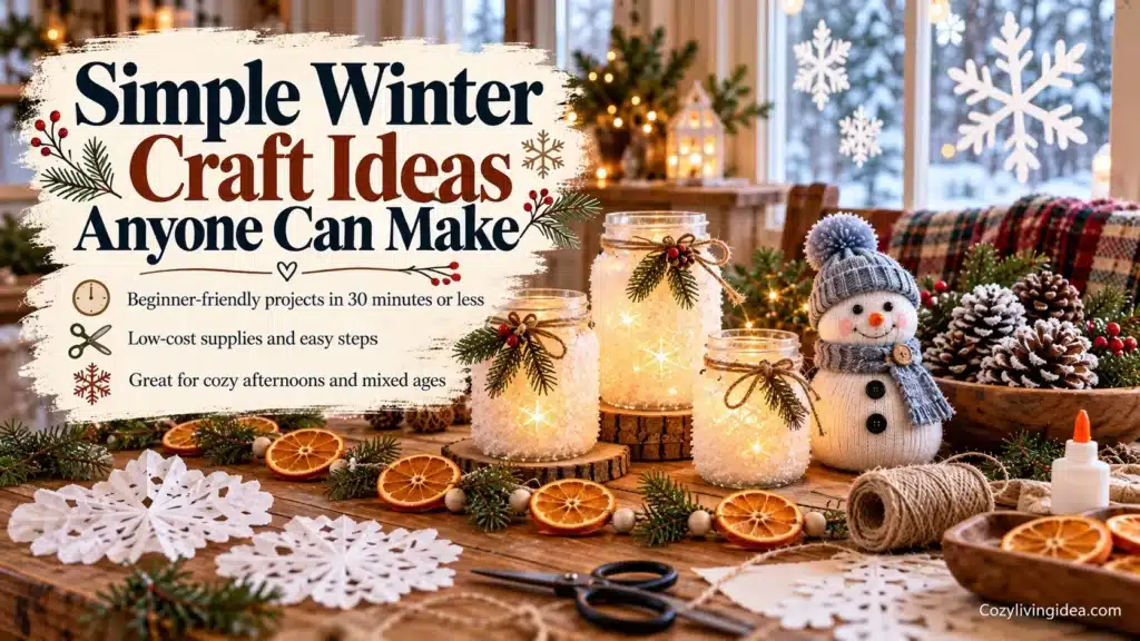 Simple winter craft ideas featuring frosted mason jar lanterns, paper snowflakes, a sock snowman, snowy pinecones, and a dried orange garland on a cozy wooden table