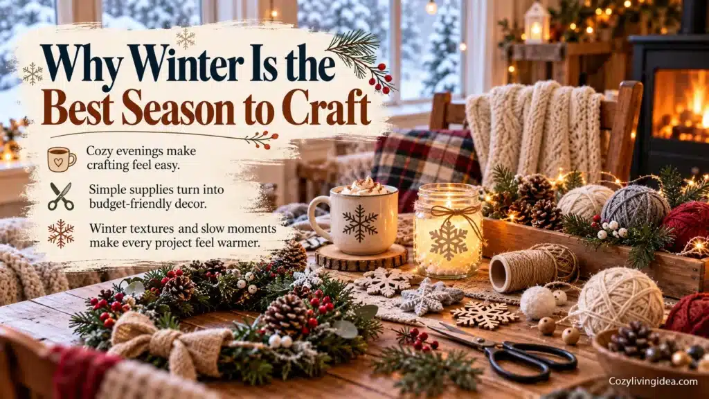 Cozy winter crafting setup with yarn, pinecones, a handmade wreath, and a glowing mason jar lantern on a wooden table beside a snowy window
